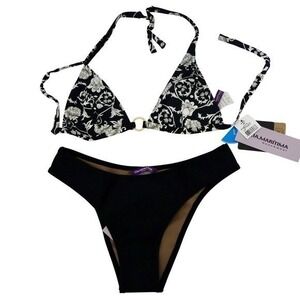 CIA Maritima Black Floral Bikini Set Gold Ring Detail NWT Halter Medium Brazil